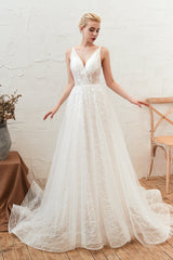 Wedding Dresses On Sale, Chic Deep V-Neck White Tulle Princess Open Back Wedding Dresses with Court Train