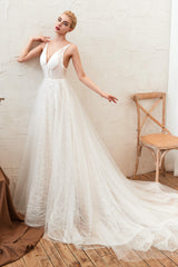 Wedding Dress With Color, Chic Deep V-Neck White Tulle Princess Open Back Wedding Dresses with Court Train