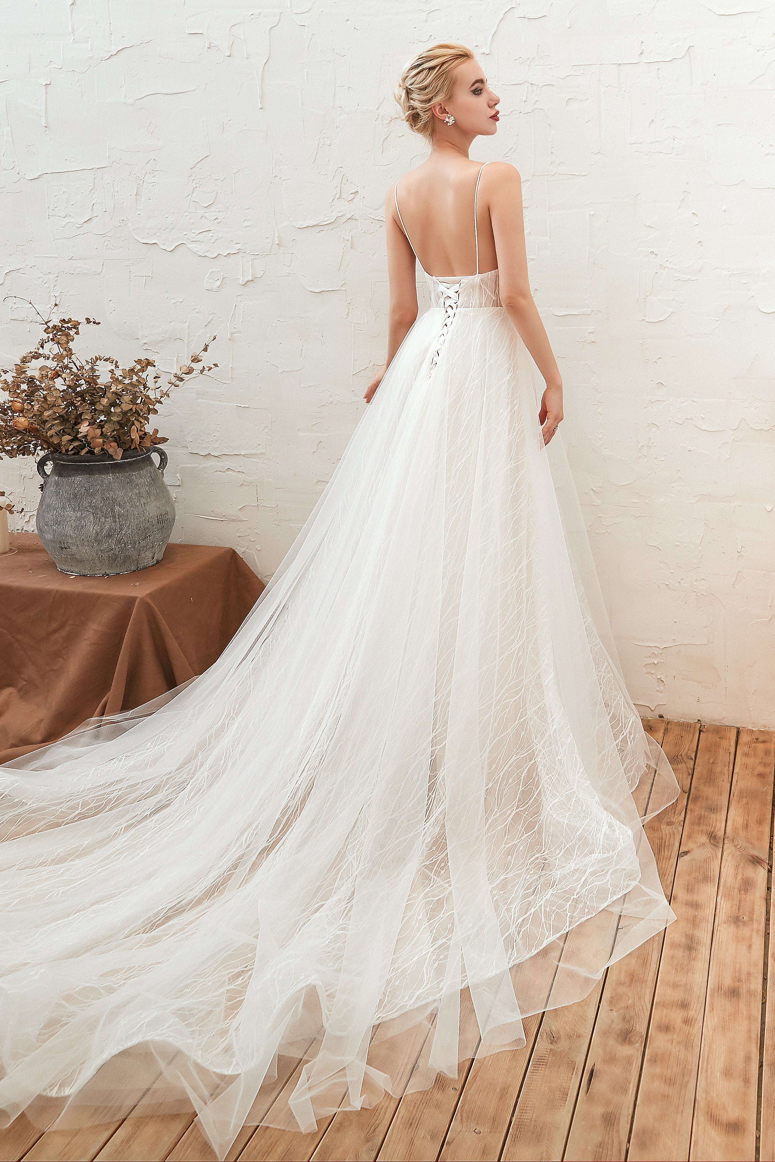 Wedding Dresses With Color, Chic Deep V-Neck White Tulle Princess Open Back Wedding Dresses with Court Train