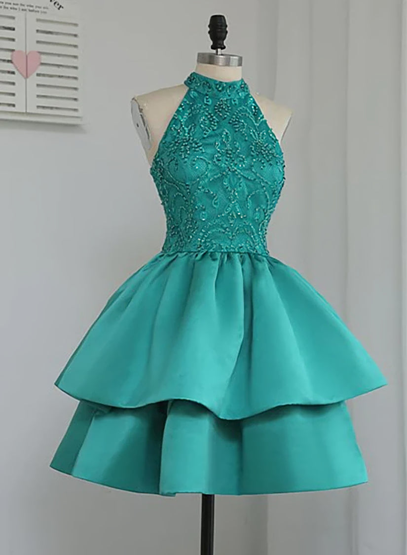 Purple Prom Dress, Chic Green Satin and Lace Layers Homecoming Dress, New Homecoming Dress