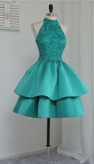 Blue Prom Dress, Chic Green Satin and Lace Layers Homecoming Dress, New Homecoming Dress