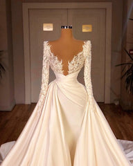 Wedding Dresses A Line, Chic Long A-line Cathedral V-neck Satin Lace Wedding Dress With Sleeves
