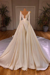 Wedding Dress Aesthetic, Chic Long A-line Cathedral V-neck Satin Lace Wedding Dress With Sleeves