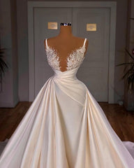 Wedding Dress Dress, Chic Long A-line Sleeveless Spaghetti Strap Cathedral V-neck Satin Lace Wedding Dress