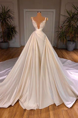 Wedding Dresses Dress, Chic Long A-line Sleeveless Spaghetti Strap Cathedral V-neck Satin Lace Wedding Dress