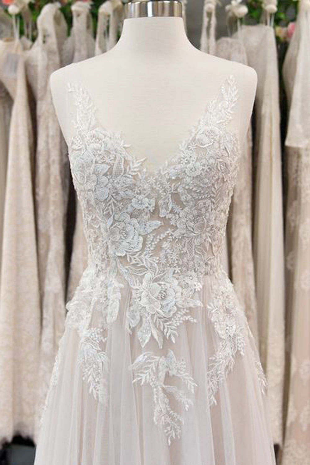 Wedding Dress Long, Chic Long A line V neck Appliques Lace Tulle Wedding Dress