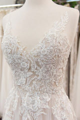 Wedding Dress Short, Chic Long A line V neck Appliques Lace Tulle Wedding Dress
