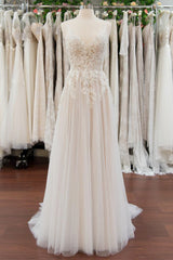 Wedding Dresses Under 1003, Chic Long A line V neck Appliques Lace Tulle Wedding Dress
