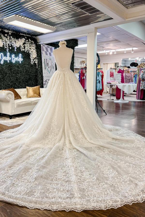 Wedding Dresses Inspired, Chic Long A-line V-neck Floral Lace Open Back Wedding Dresses