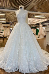 Wedding Dresses Romantic, Chic Long A-line V-neck Floral Lace Open Back Wedding Dresses