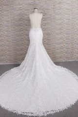 Wedding Dresses For, Chic Long Mermaid Sweetheart Spaghetti Strap Appliques Lace Wedding Dress