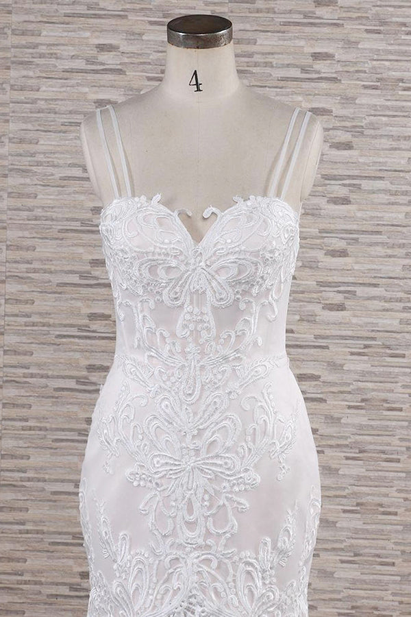 Wedding Dress Strapless, Chic Long Mermaid Sweetheart Spaghetti Strap Appliques Lace Wedding Dress