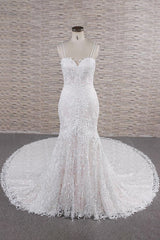 Wedding Dress With Straps, Chic Long Mermaid Sweetheart Spaghetti Strap Appliques Lace Wedding Dress