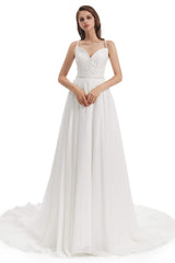 Wedding Dress For Short Brides, Chiffon Lace Spaghetti Straps Beading Wedding Dresses