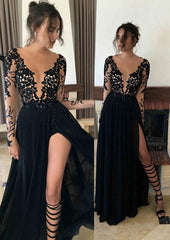 Party Dress For Wedding, Chiffon Long/Floor-Length A-Line/Princess Full/Long Sleeve Bateau Zipper Up At Side Prom Dress With Appliqued