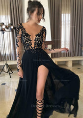 Party Dresses For Wedding, Chiffon Long/Floor-Length A-Line/Princess Full/Long Sleeve Bateau Zipper Up At Side Prom Dress With Appliqued