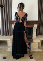 Party Dresses For Weddings, Chiffon Long/Floor-Length A-Line/Princess Full/Long Sleeve Bateau Zipper Up At Side Prom Dress With Appliqued