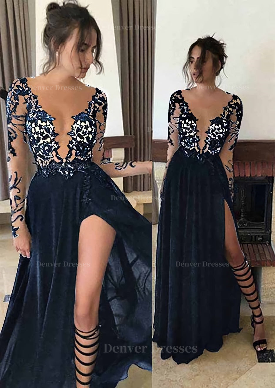 Party Dress Summer, Chiffon Long/Floor-Length A-Line/Princess Full/Long Sleeve Bateau Zipper Up At Side Prom Dress With Appliqued