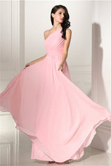 Formal Attire, Chiffon Pink One Shoulder Long Bridesmaid Dresses