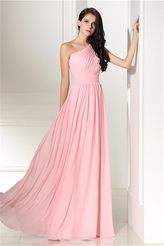 Classy Gown, Chiffon Pink One Shoulder Long Bridesmaid Dresses
