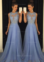Party Dresses Shopping, Chiffon Prom Dress A-Line/Princess Scoop Neck Sweep Train With Appliqued Beaded