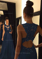 Party Dress Near Me, Chiffon Prom Dress A-Line/Princess Scoop Neck Sweep Train With Appliqued Beaded