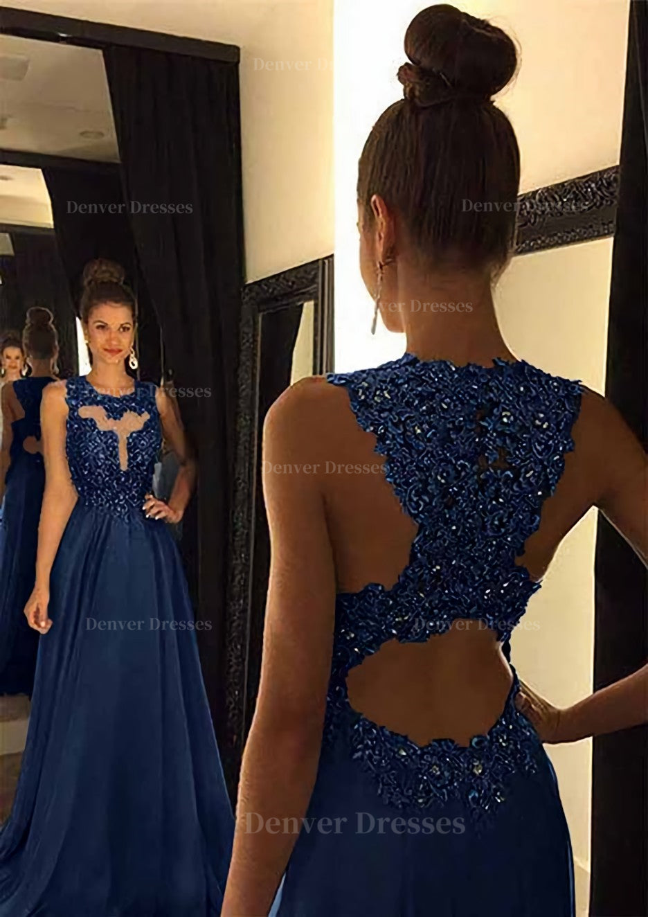 Party Dresses Near Me, Chiffon Prom Dress A-Line/Princess Scoop Neck Sweep Train With Appliqued Beaded