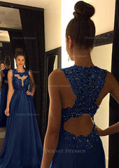 Party Dresses Near Me, Chiffon Prom Dress A-Line/Princess Scoop Neck Sweep Train With Appliqued Beaded