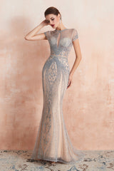 Party Dresses For Christmas Party, Mermaid Round Neck Long Prom Dresses with Crystal Beading