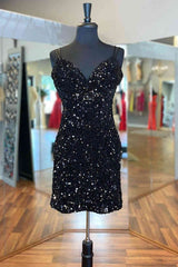 Unique Prom Dress, Cirss Cross Straps Black Sequined Homecoming Dress,Night Dress Party Short