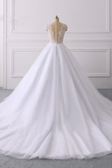 Wedding Dresses Prices, Classic Cap sleeves V neck White Ball Gown Lace Wedding Dress