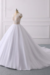 Wedding Dress Price, Classic Cap sleeves V neck White Ball Gown Lace Wedding Dress