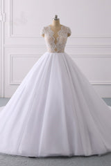 Wedding Dresses Price, Classic Cap sleeves V neck White Ball Gown Lace Wedding Dress