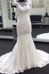 Wedding Dress Romantic, Classic Cap Sleeves White Illusion neck Lace Mermaid Wedding Dress with Court Train