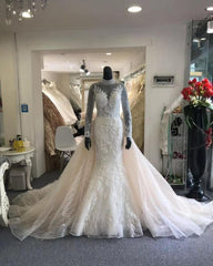 Wedding Dress Boutiques, Classic Collar Long Sleeves Floral Pattern Mermaid Wedding Dress Detachable Sweep Train