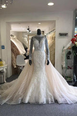 Wedding Dresses Rustic, Classic Collar Long Sleeves Floral Pattern Mermaid Wedding Dress Detachable Sweep Train