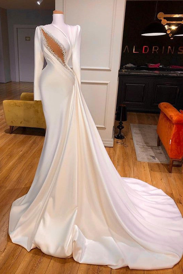 Wedding Dress Design, Classic High Neck Long Sleeves Mermaid Wedding Dress Ruffles With Crystals