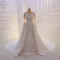 Wedding Dresses Deals, Classic Jewel Long Sleevess Tulle Lace Sparkle Ivory Wedding Dress
