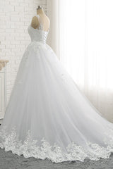 Wedding Dress Pinterest, Classic Round neck Lace appliques White Princess Wedding Dress