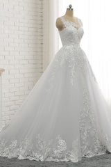 Wedding Dresses Pinterest, Classic Round neck Lace appliques White Princess Wedding Dress