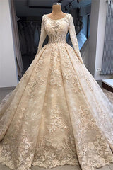Wedding Dress Elegant Classy, Classic Scoop Long Sleevess Appliques Ball Gown Wedding Dresses