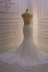 Wedding Dresses With Sleeves Lace, Classic Sleeveless Lace V neck Column White Court Train Wedding Dress