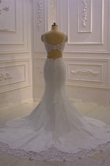 Wedding Dress With Color, Classic Sleeveless Lace V neck Column White Court Train Wedding Dress