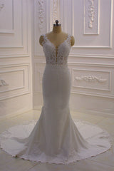Wedding Dresses On Sale, Classic Sleeveless Lace V neck Column White Court Train Wedding Dress