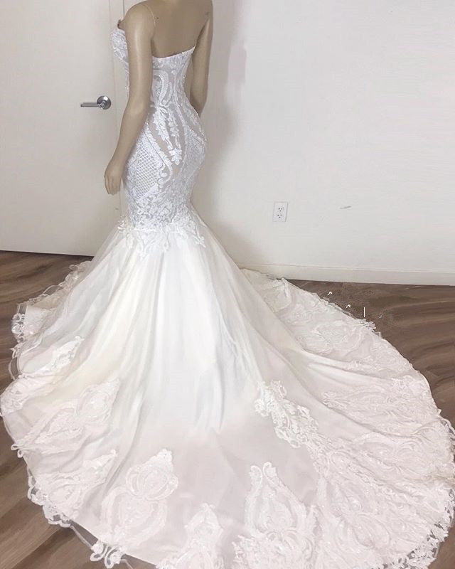Wedding Dresses Train, Classic Sleeveless Sweetheart Lace Appliques Mermaid Slim Bridal Wedding Dress