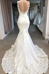 Wedding Dresses Short Bride, Classic Spaghetti Strap V neck White Sleeveless Mermaid Open Back Wedding Dress with Chapel Train
