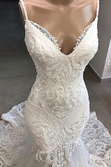 Wedding Dress Short Bride, Classic Spaghetti Strap V neck White Sleeveless Mermaid Open Back Wedding Dress with Chapel Train