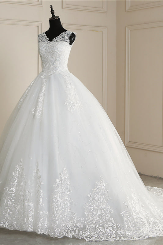 Wedding Dresses 2025, Classic White V neck Sleeveless Ball Gown Lace Wedding Dress