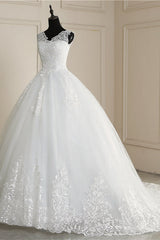 Wedding Dresses 2025, Classic White V neck Sleeveless Ball Gown Lace Wedding Dress