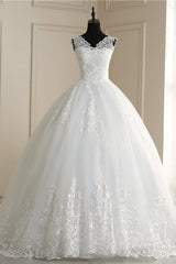 Wedding Dresses Shopping, Classic White V neck Sleeveless Ball Gown Lace Wedding Dress